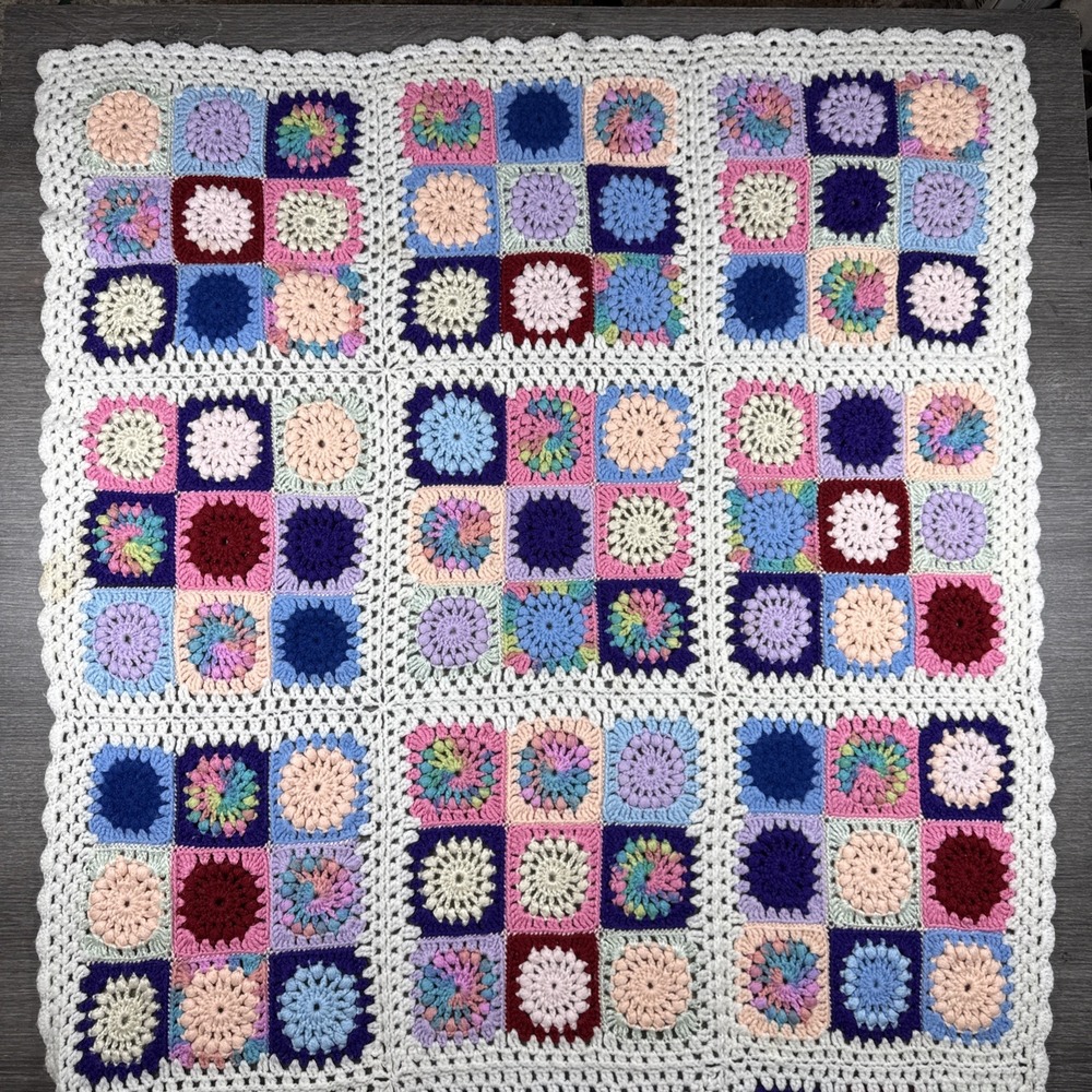 Vintage Handmade Crochet Afghan Blanket Baby Nursery Blue Pink 35X46" Soft‎